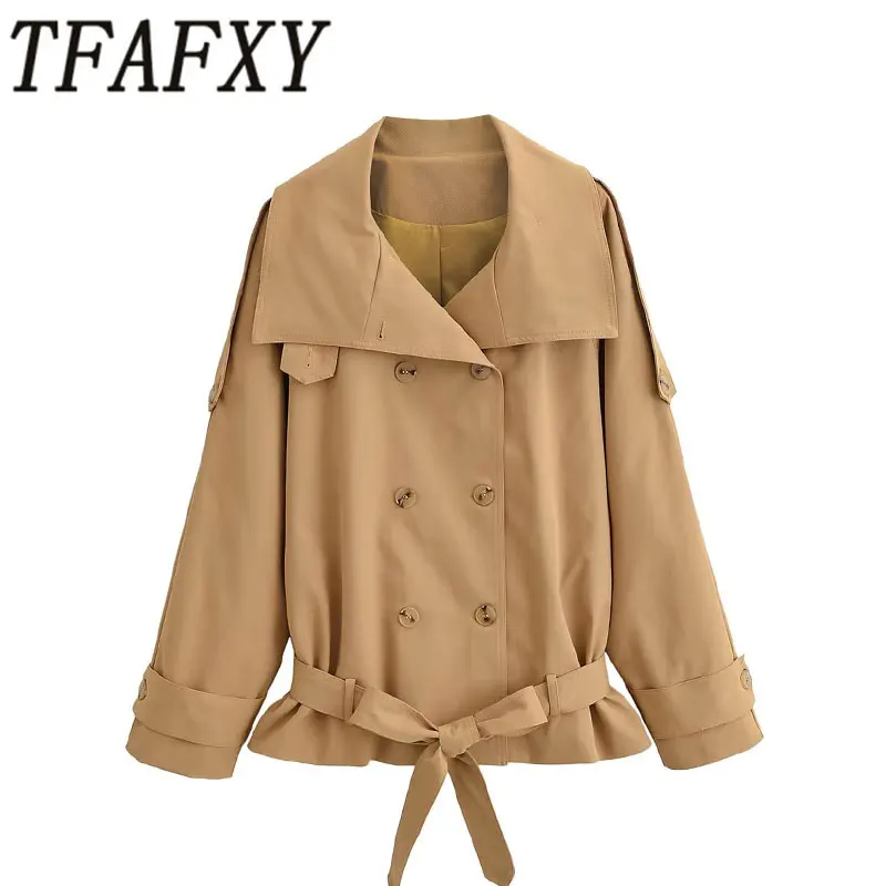 

TFAFXY 2026 Spring With Belt Women Loose Jacket Long Sleeve Double Breasted Stand Trench Coat Female Outerwear Windbreaker