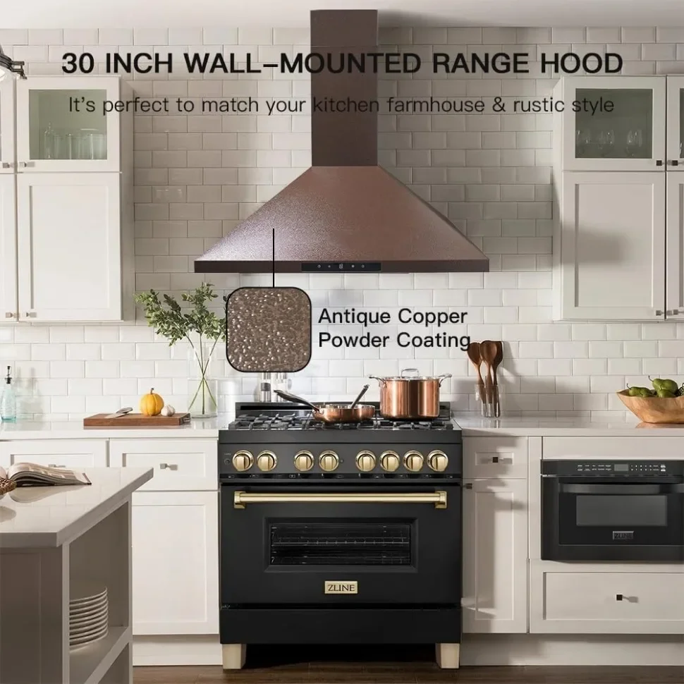 30 Inch Range Hood Wall Mount Ducted/Ductless Convertible, Copper Vent Hood with4-Speed Exhaust Fan,Lights,,Touch Control Panel