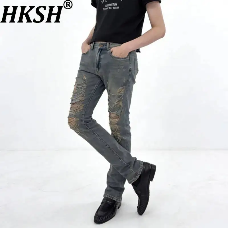 HKSH Spring Autumn New Men Tide Chic Ins Dark Punk Ripped Chain Jeans Slim Skinny Washed Distressed Denim Pants Stylish HK24848