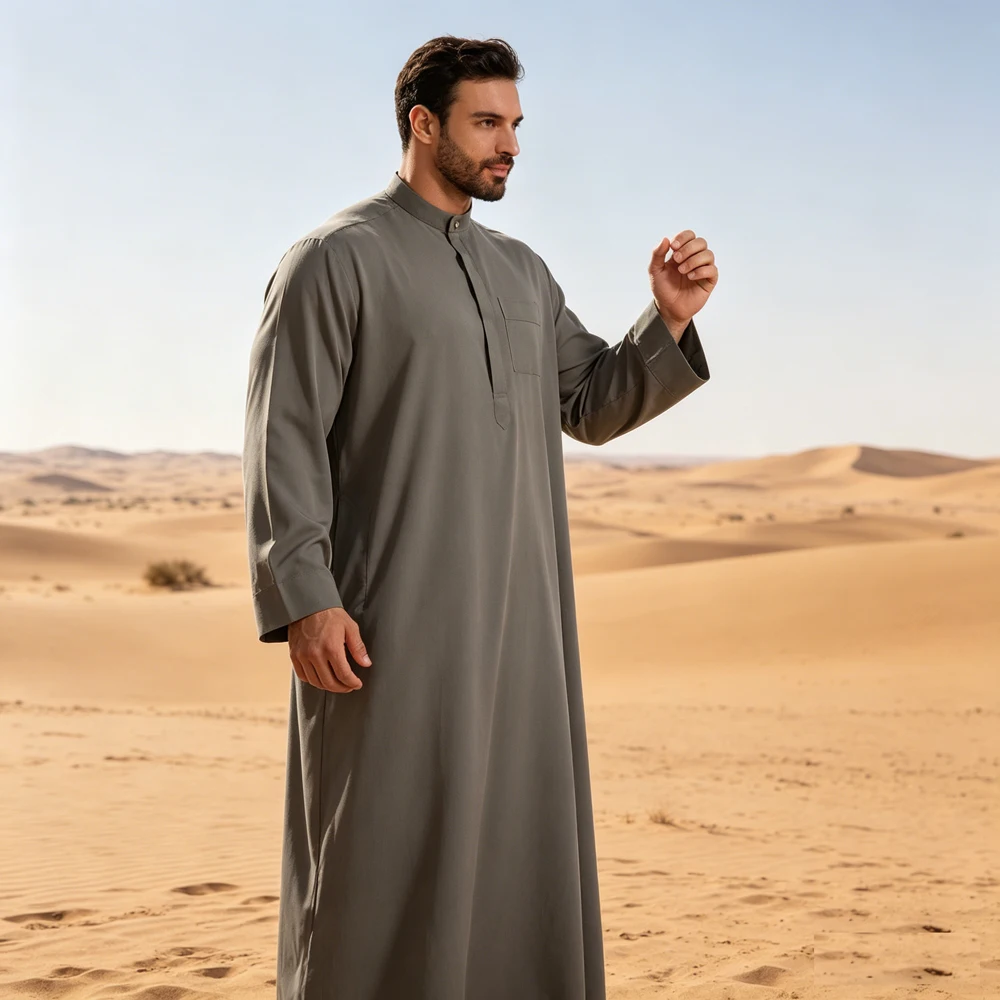 

New 2026 Muslim Middle East Men Long Sleeve Arab Crew Neck Islamic Solid Color Kaftan Maxi Dubai Long Jubba Thobe Abaya Clothes