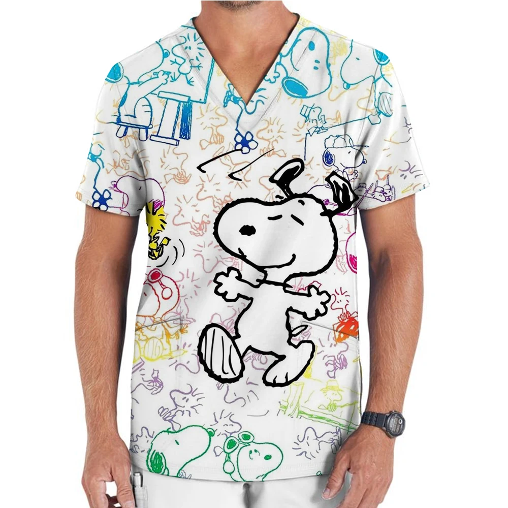 Snoopy T-shirt frosted top men's short sleeved V-neck nurse uniform work uniform men's T-shirt uniform top men's clothing