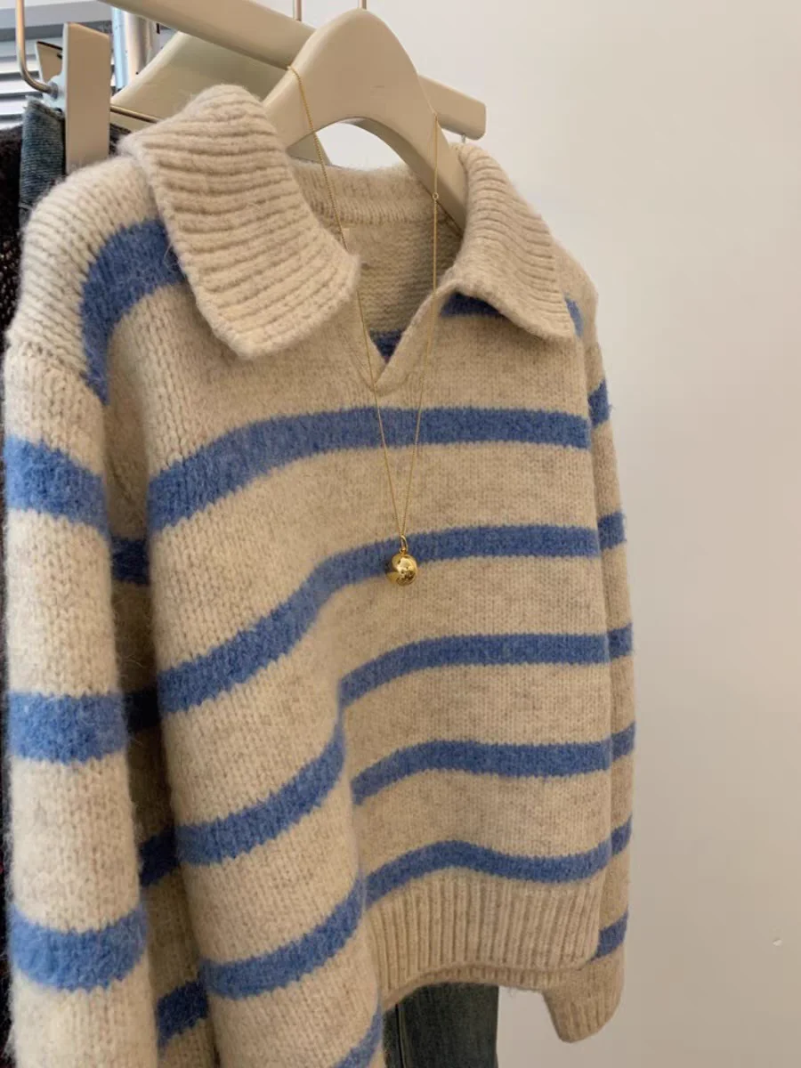 Blue Striped Soft Thickened Neck Sweater Women's Autumn Winter Loose Fit Overhead Knitted Shirt Small Size Turn-down Collar