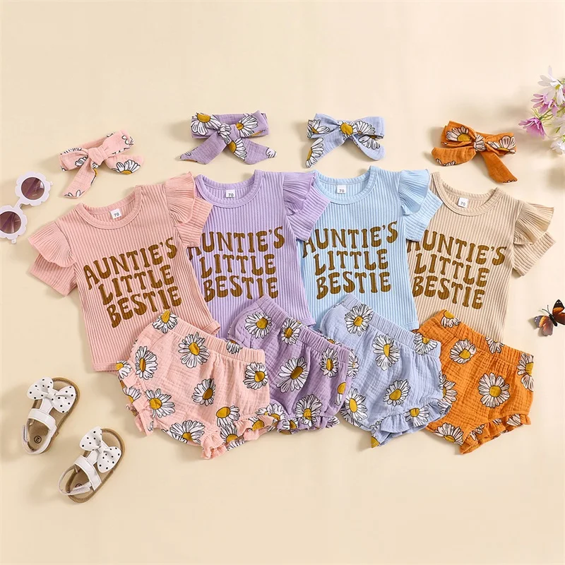 

VISgogo 3Pcs Baby Girls Summer Clothes Sets Short Sleeve Letter Print Ribbed Romper Floral Shorts Headband Sets