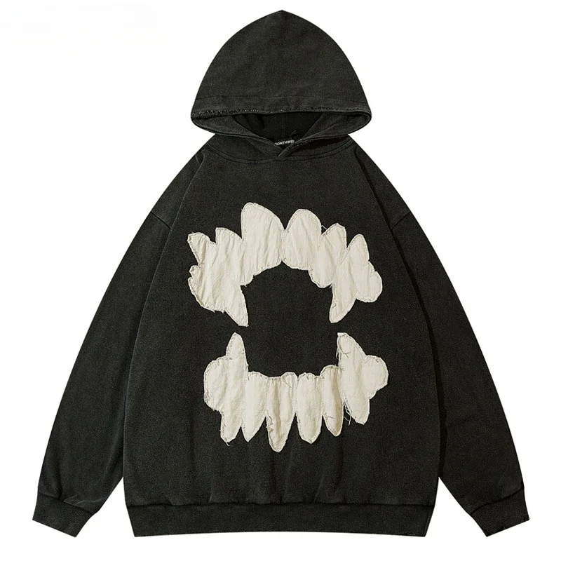 Vintage Mens Hoodie Sweatshirt Y2K Grunge Hip Hop Ripped Embroidery Teeth Patch Hooded Streetwear Harajuku Punk Gothic Pullover