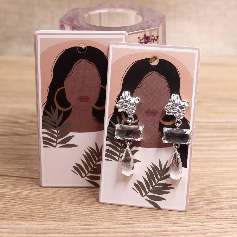 50Pcs 5x9cm White Paper Print Girl Pattern Earring Card Glasses /Brown Face Girl People Jewelry Display Packaging Cards Tags