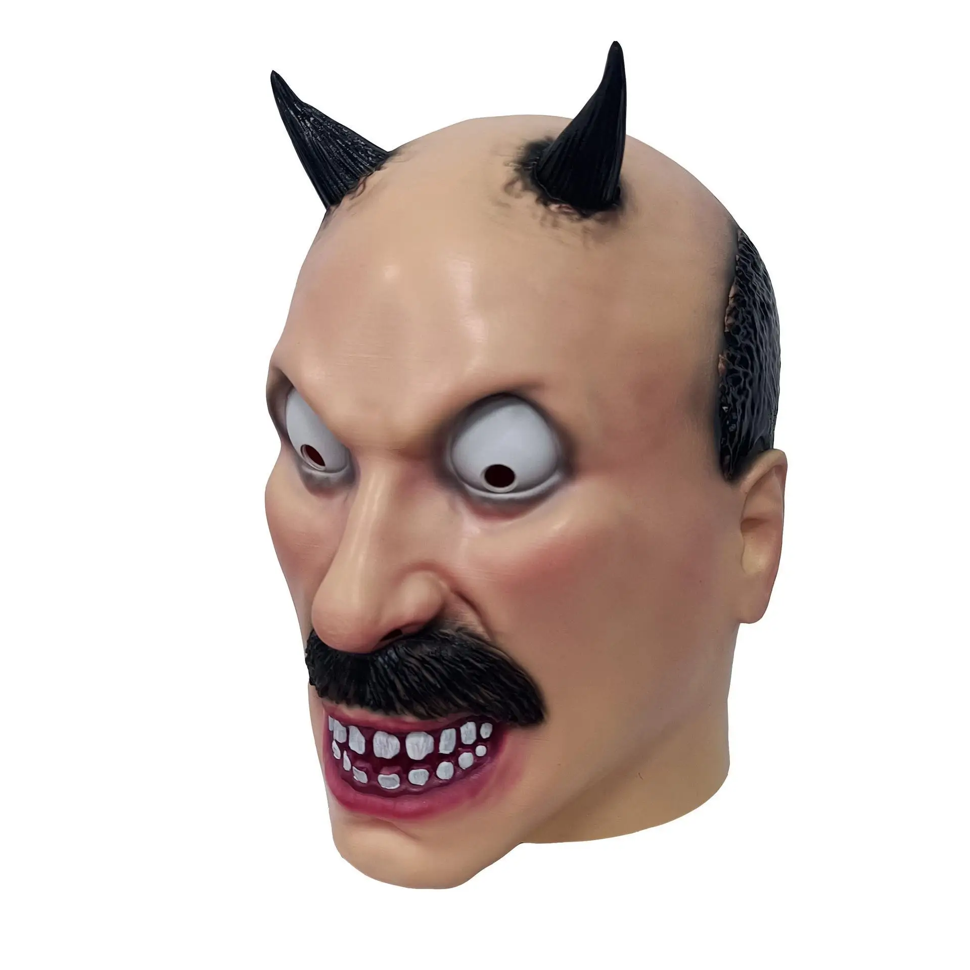 Lustige Gruselige Dämonen-Maske aus Latex mit Hörnern, Schnurrbart und Hervortretenden Augen für Erwachsene, Halloween-Cosplay, Maskerade-Party-Requisiten – Detail 4