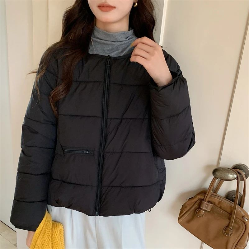2025 Autumn Winter Loose Women Cotton Jacket Round Neck Korean Edition Warm College Fashion Lightweight Short Down Cotton Jacket