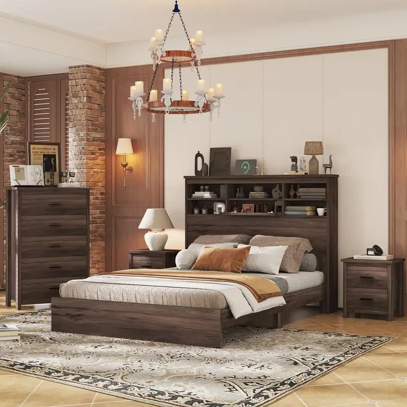 4-Piece Queen Size Vintage Wooden Bedroom Set with 2 Nightstands and 1 Dresser in Dark Walnut Finish