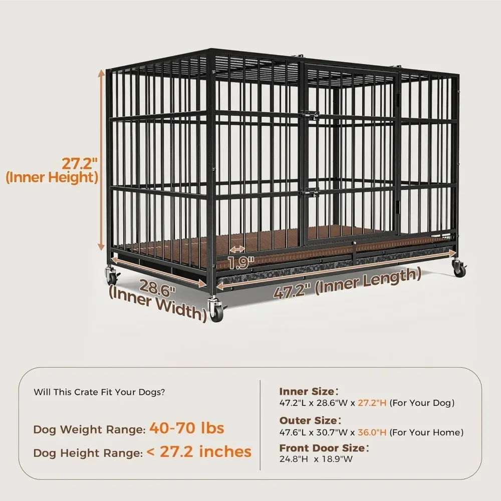 

Heavy Duty Dog Crates for Large Dogs, Escape Proof, Upgraded 4 Lockable Wheels, Removable Door, Dog Kennel Indoor,Easy to Clean