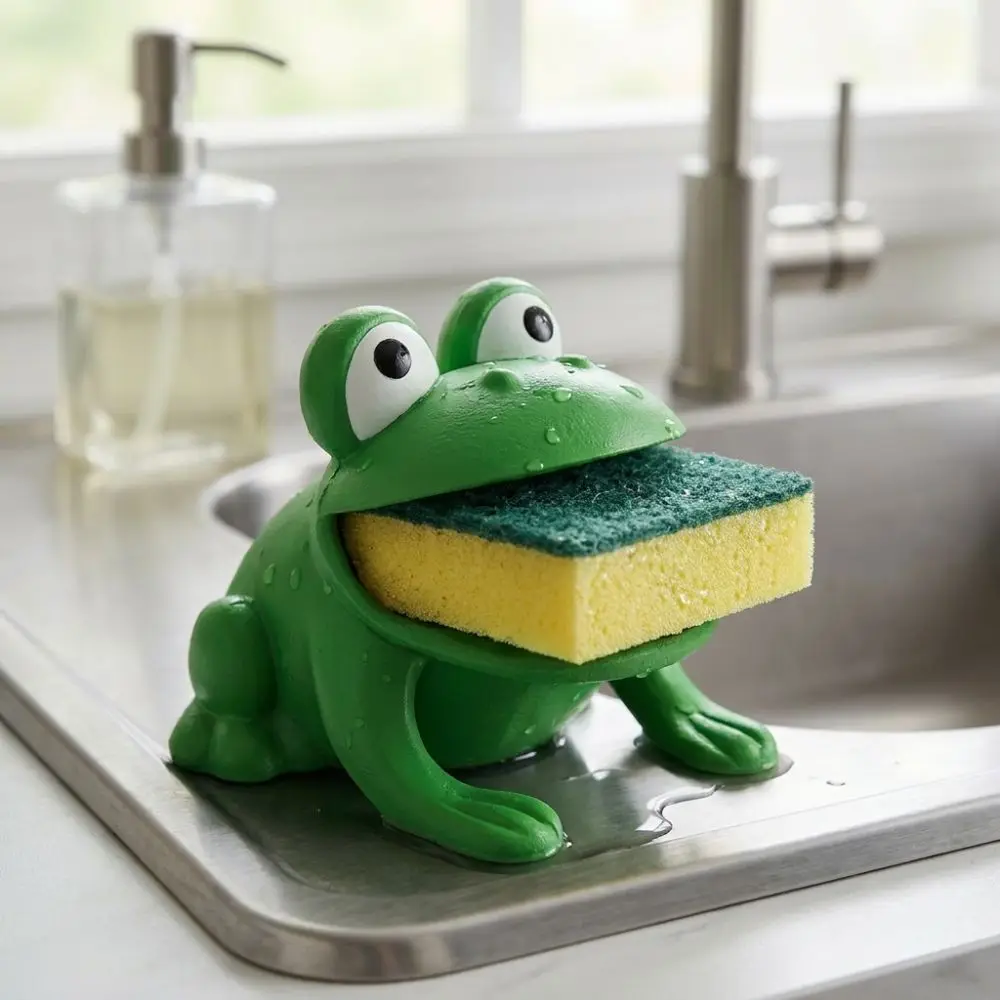 3D Printed Frog-Shaped Sponge Storage Rack Big Mouth Frog Self-draining Dish Cloth Drain Stand Cartoon with Drain Hole