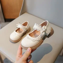 Girls' Leather Shoes 2024 New Children's Princess Shoes Spring and Autumn Solid Color Bow Pearl Soft Sole Small Single Shoes