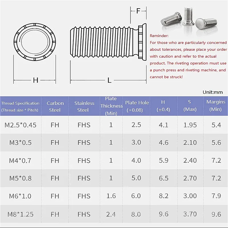 304 Stainless Steel Self-Clinching Studs Pressure Rivet Screws M2.5 M3 M4 M5 M6 M8 Flush Head Studs Pressure Riveting Screw