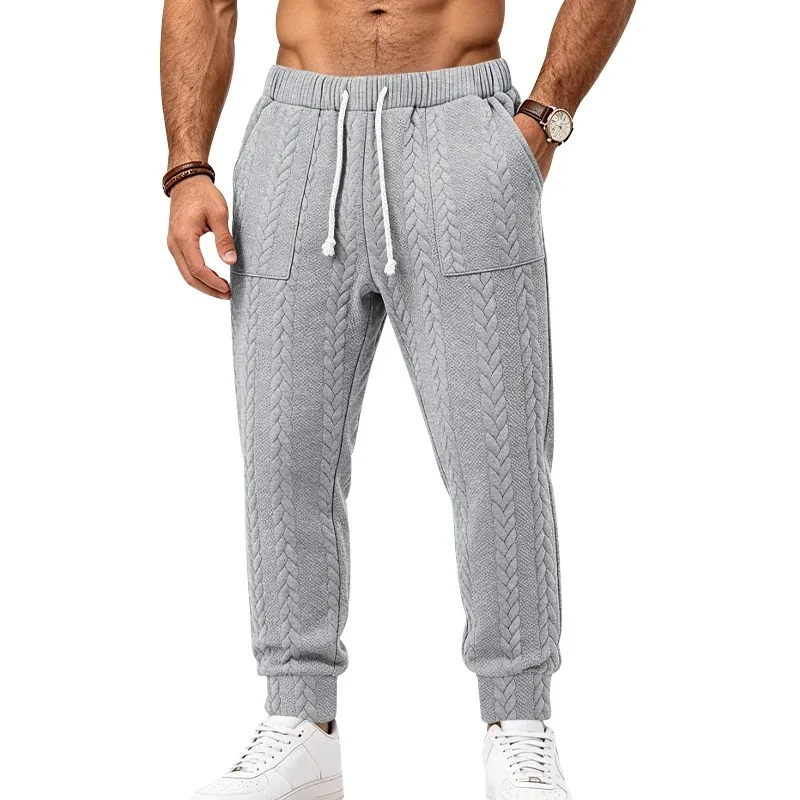 Men's Fall/Winter One-Piece Cable Knit Long Pants with Elastic Waist and Drawstring Casual Sweatpants with Large Pockets