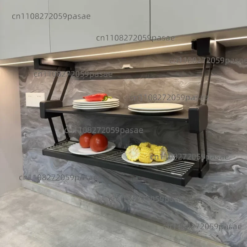 Wall cabinet folding rack pull-down double-layer lifting and retractable dish preparation seasoning dish storage storage food