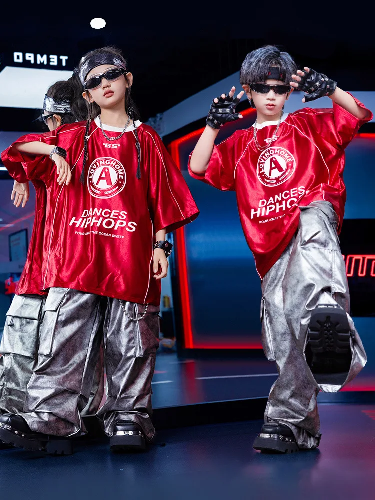 Kid Kpop Hip Hop Clothing Red Letter Jersey T Shirt Silver Tie Dye Parachute Cargo Pants for Girl Boy Jazz Dance Costume Clothes
