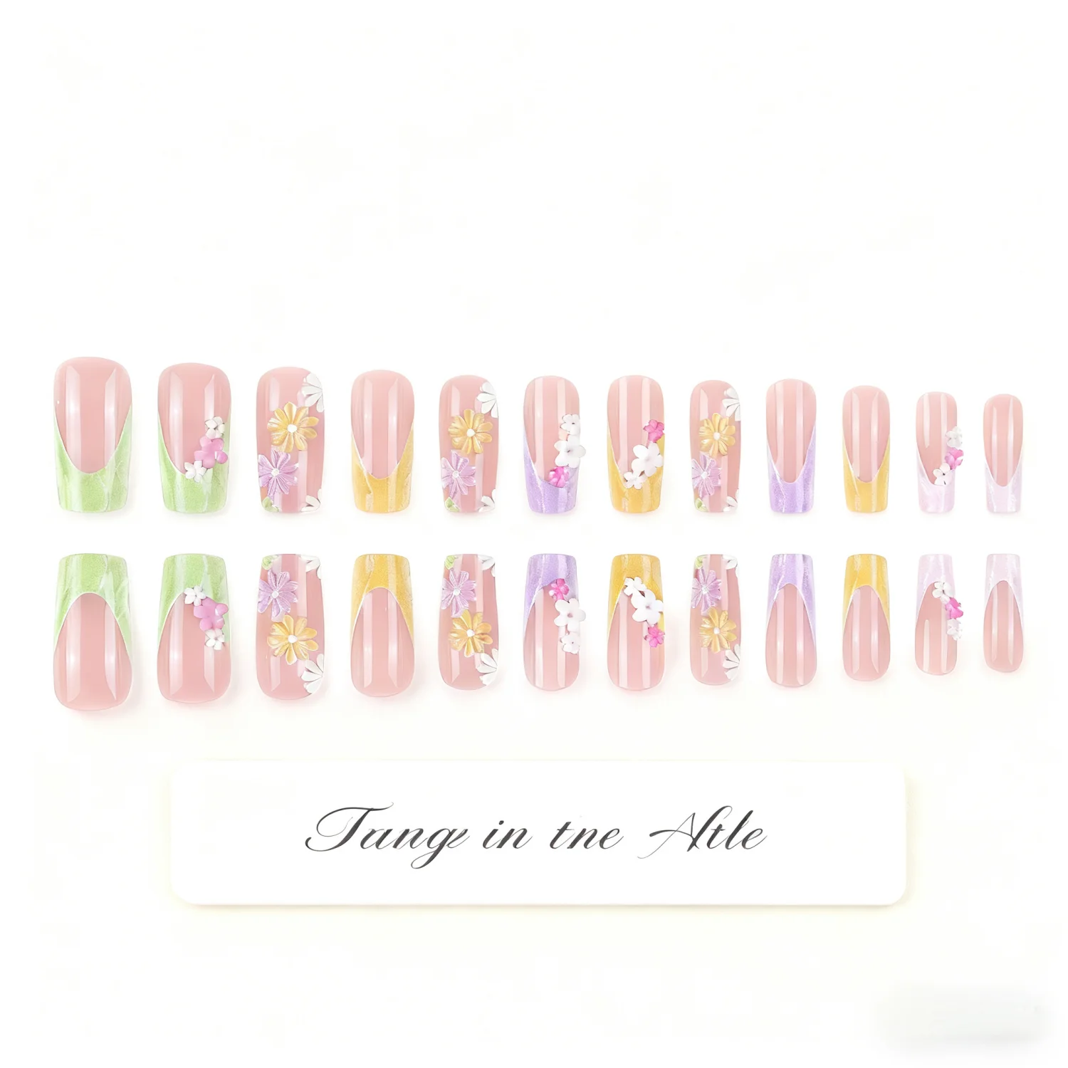 24枚/セット 棺桶型プレスオンネイル フラワー柄 マカロンカラー フレンチネイル シンプル＆スイート ウェアラブルネイルアート 女性＆女の子向け