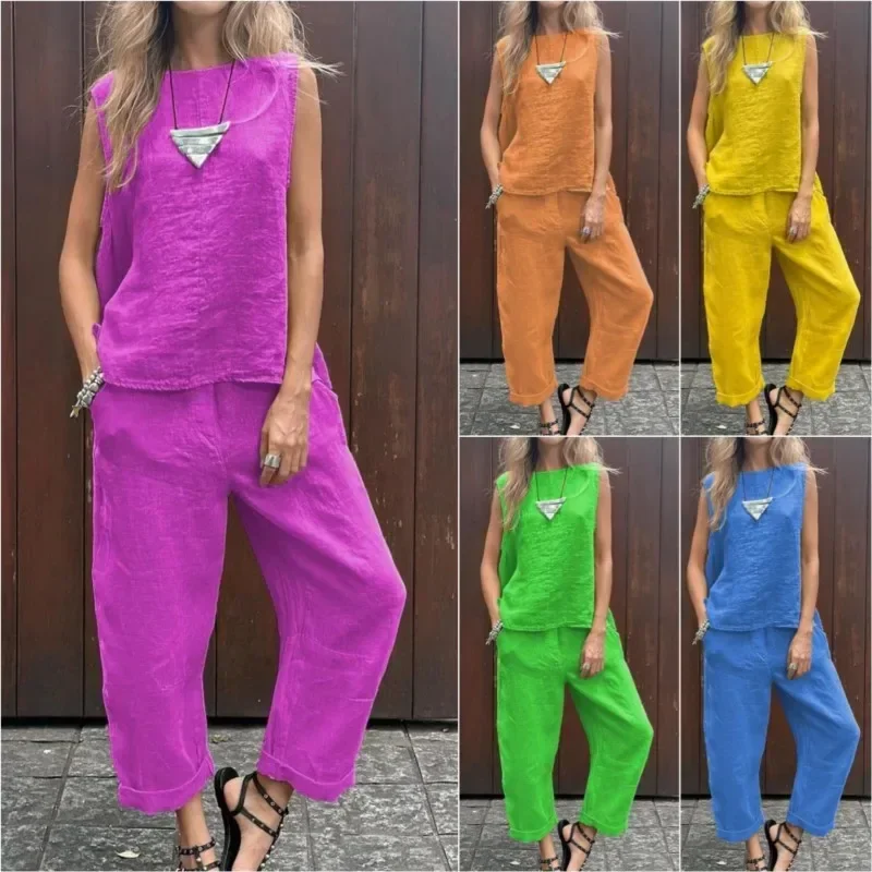 

Spring Summer New Sleeveless Cotton And Linen Women's Suit Simple Fashion Pocket Casual Long Pants Female 2piece Set Suit Women