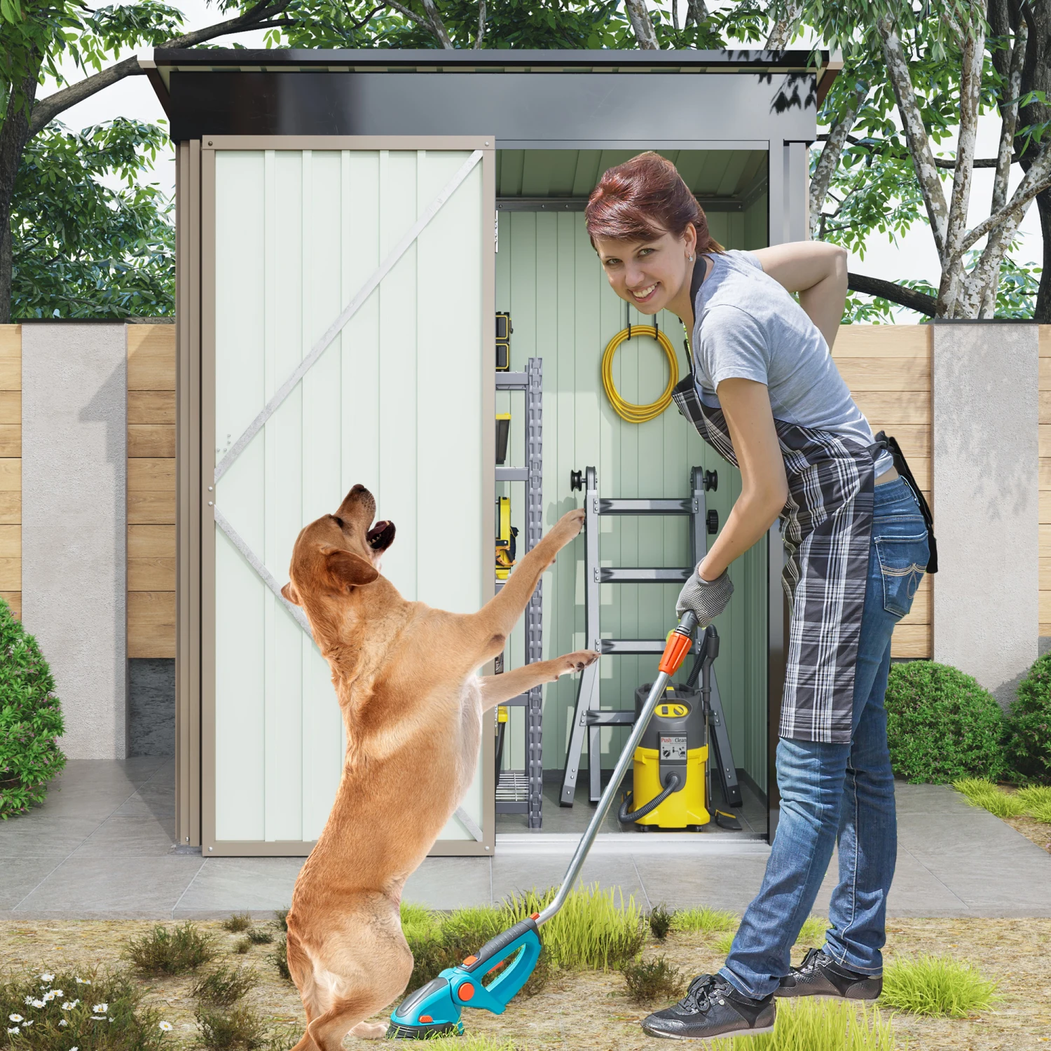 Outdoor Storage Shed with Sloping Roof, Lockable Door - Metal Shed for Backyard Garden Patio Lawn