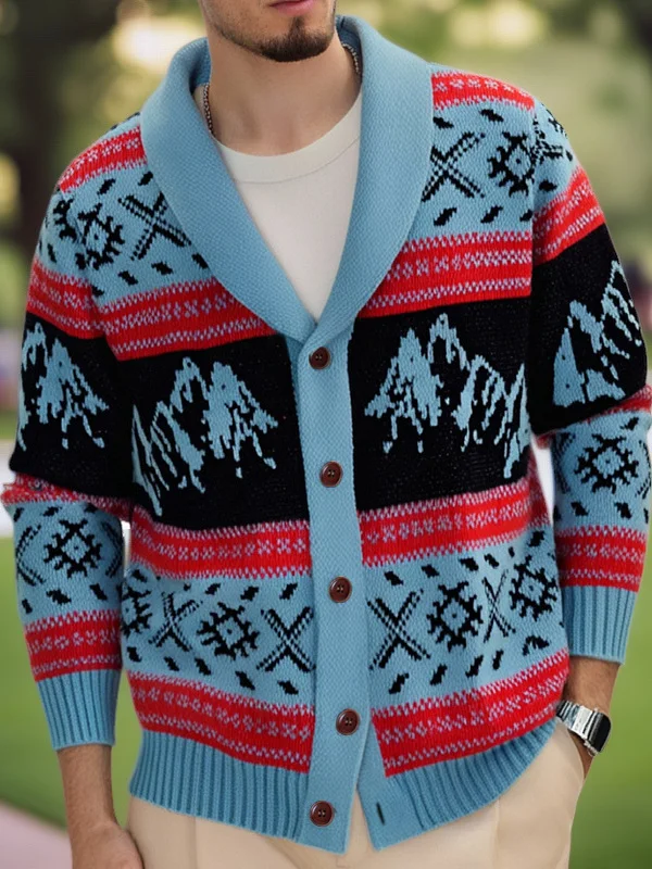 

Retro Knitted Floral Coat Casual Outdoor Thiened Collar Men's Sweater Comfortable Breathable Elastic Long Sve Cardigan