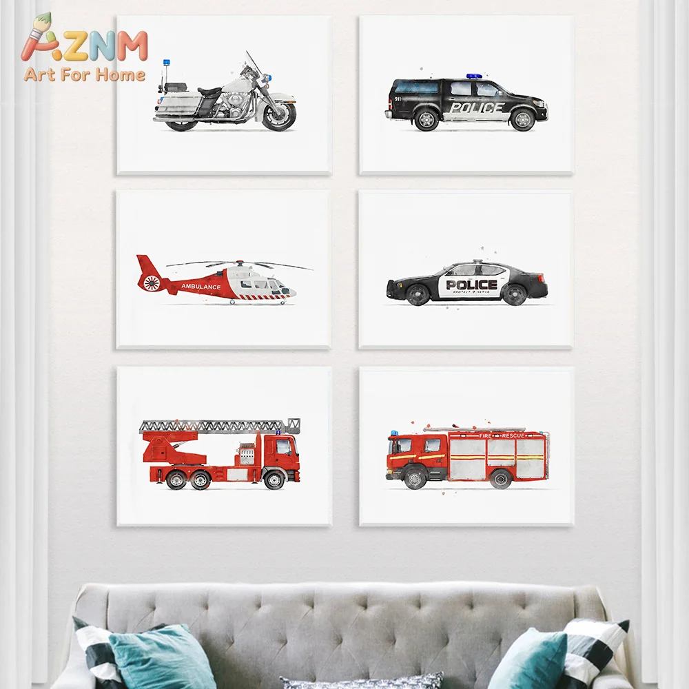 AZNM Watercolor Transport Vehicle Canvas Poster Frameless Wall Art Fire Truck Train Plane Race Car Motorcycle Boat Print For Kid