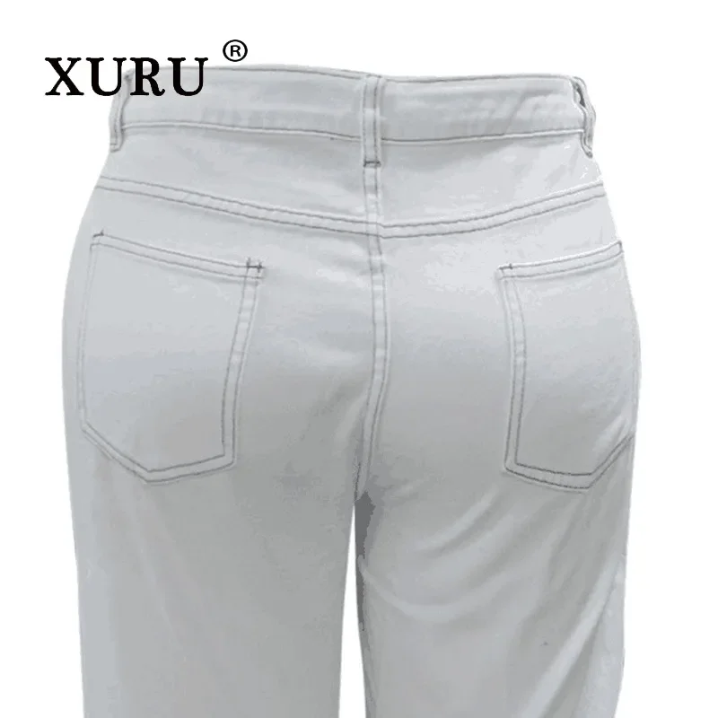 XURU-Women's Loose Hole Jeans, Sexy White Long Jeans, Hot Sale, European and American, K1-3219