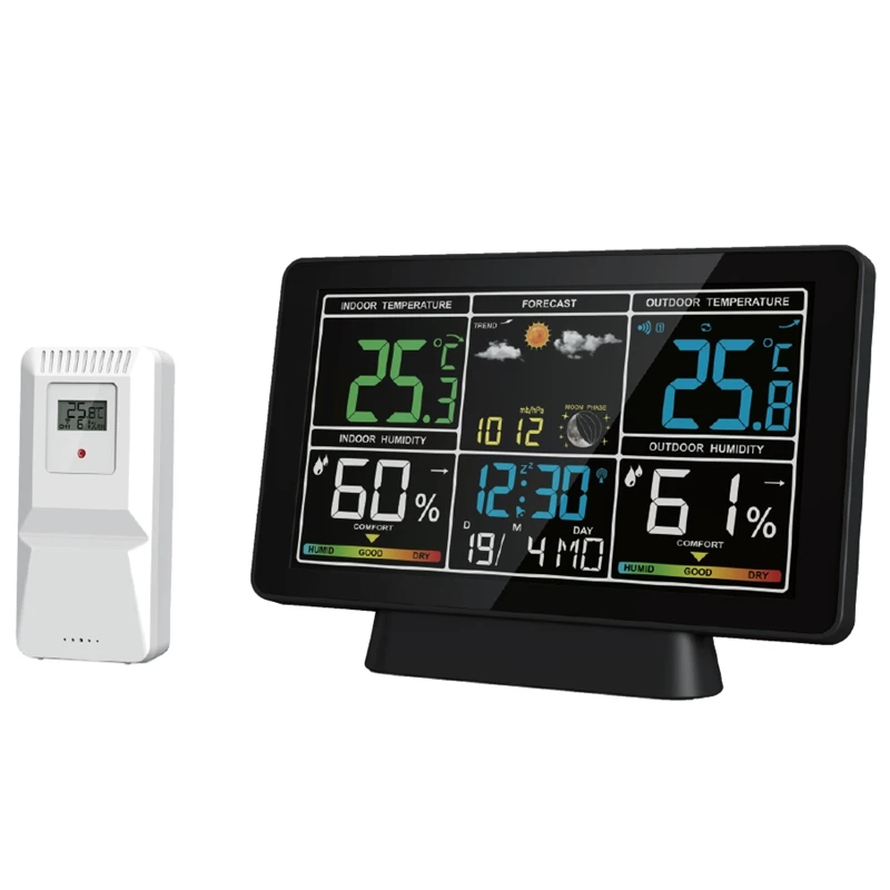

7.5" Color LCD Wireless Weather Forecast Station Digital Thermometer Hygrometer Trend Barometer Moon Phase Alarm Clock Calendar