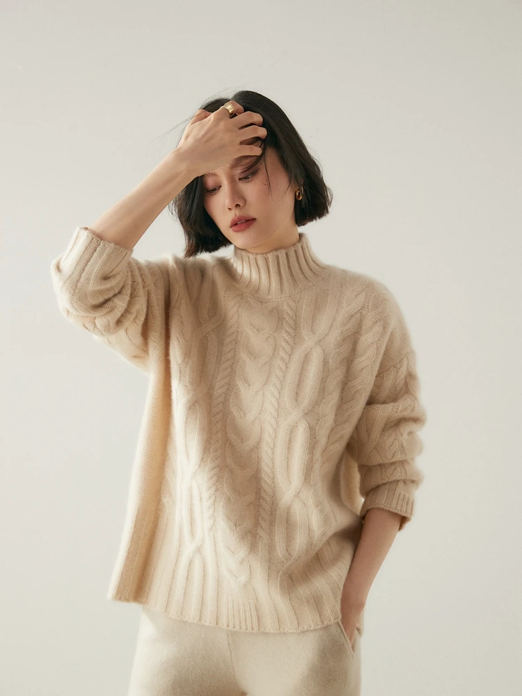 

Women 100% Cashmere Sweater Mock Neck Pullover Cable Knitting Vintage Loose Style Thickened Cashmere Knitwear Autumn Winter Tops