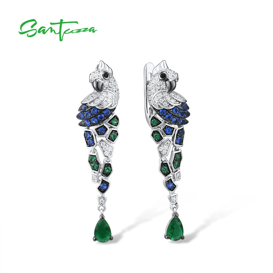 SANTUZZA Genuine 925 Sterling Silver Drop Earrings For Women Exquisite Parrot Birds Sparkling Blue Green CZ Trendy Fine Jewelry
