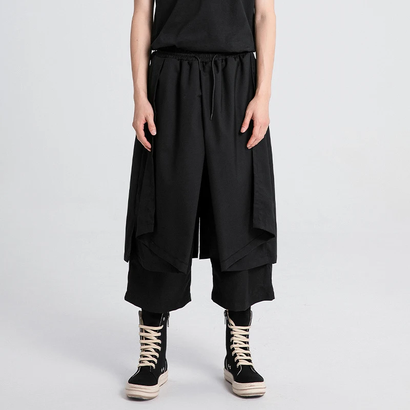 New Men'S Pants In Dark Style, Loose Wide-Leg Cropped Pants, Casual Multi-Panel Unisex Elastic Waist Trendy Pants
