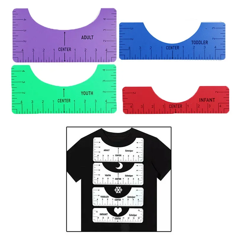 4Pcs T-Shirt Alignment Ruler For Guiding Craft T-Shirt Measurement Rulers With Size Chart DIY Drawing Template Sewing Supplies