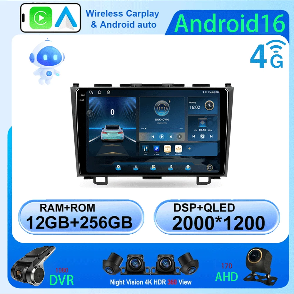 

LJZN Android 16 Carplay Car Radio For Honda CR-V 3 RE CRV 2007-2011 Multimedia Video Player 2 Din Navigation GPS DVD Head Unit