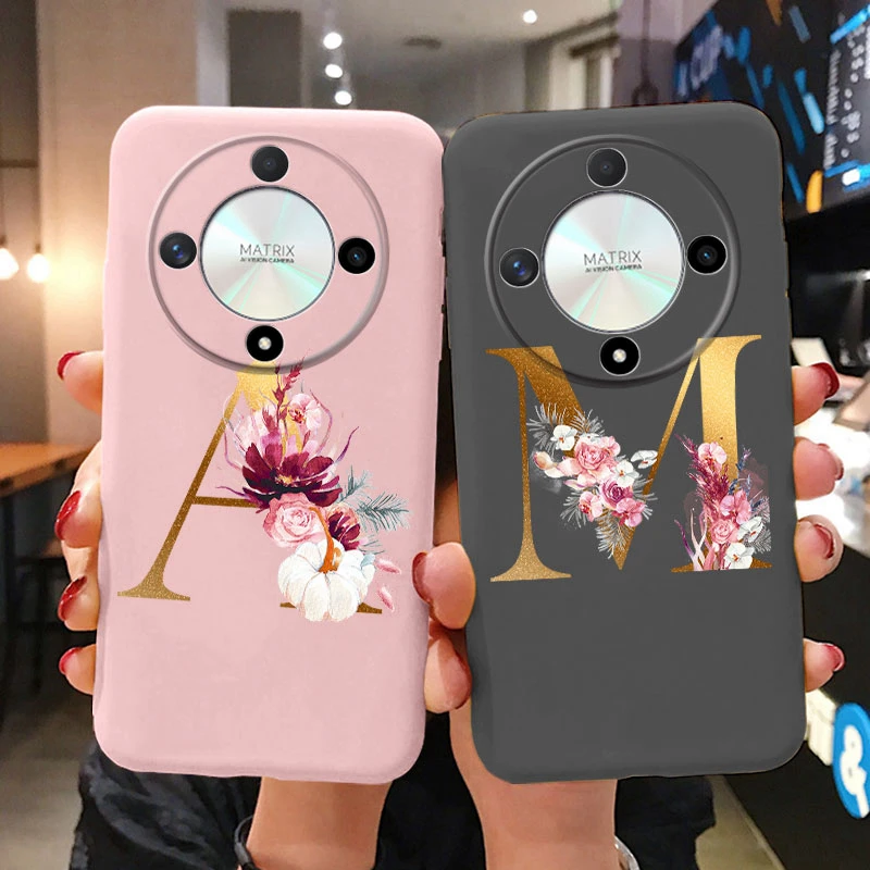 

Letter Phone Case For Honor X9b X9a Magic5 Lite Magic6 Lite 5G Cover Retro Flowers Pink Black Soft TPU Initial Silicone Fundas