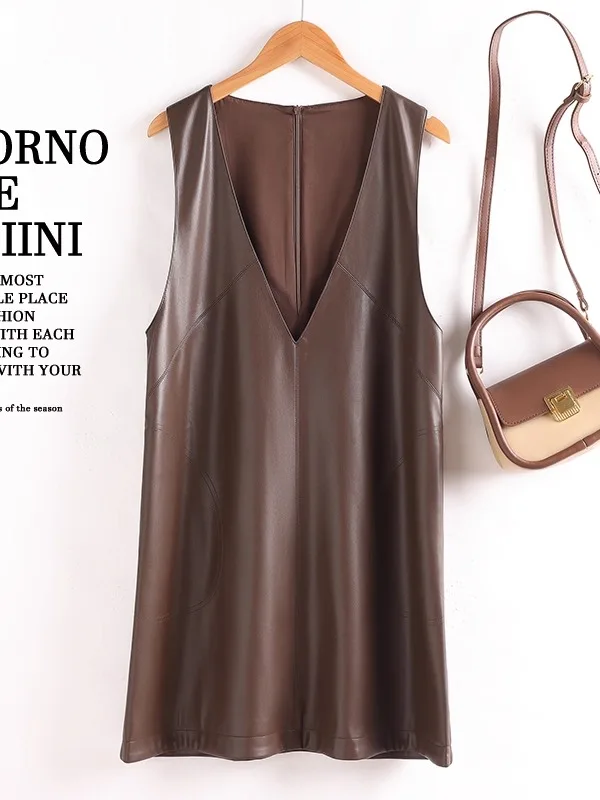 

Real Leather Vest Dress Women's Mid-Length Sleeveless Shoulder Pad Free Size V-Neck Zipper Closure Commute Style Autumn New