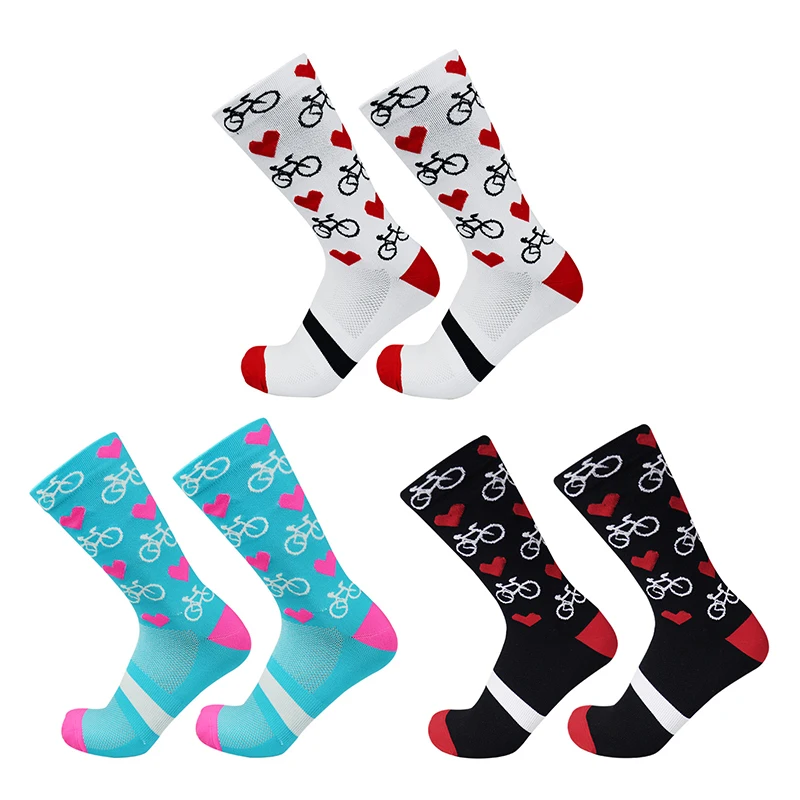 Socks Cycling Professional Women Men Pro Compression New Sport Road Bicycle Socks Mountain Bike Socks Racing Socks Heart Pattern