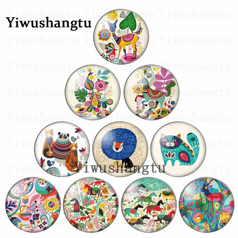 Beautiful animal illustrations horse deer cat 12mm/20mm/25mm/30mm Round photo glass cabochon demo flat back Making findings