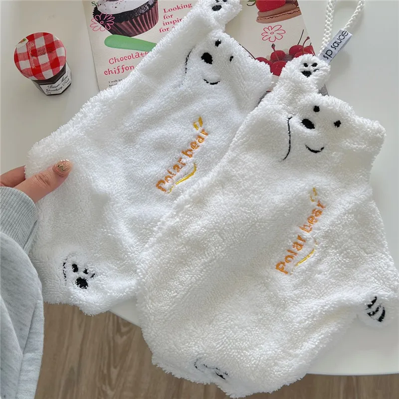 Polar Bear Hand Wipe Hanging Towel Cute Cartoon Shaped Coral Velvet Towel Quick Dry Kitchen Household Hangable Wipe Hand Towel