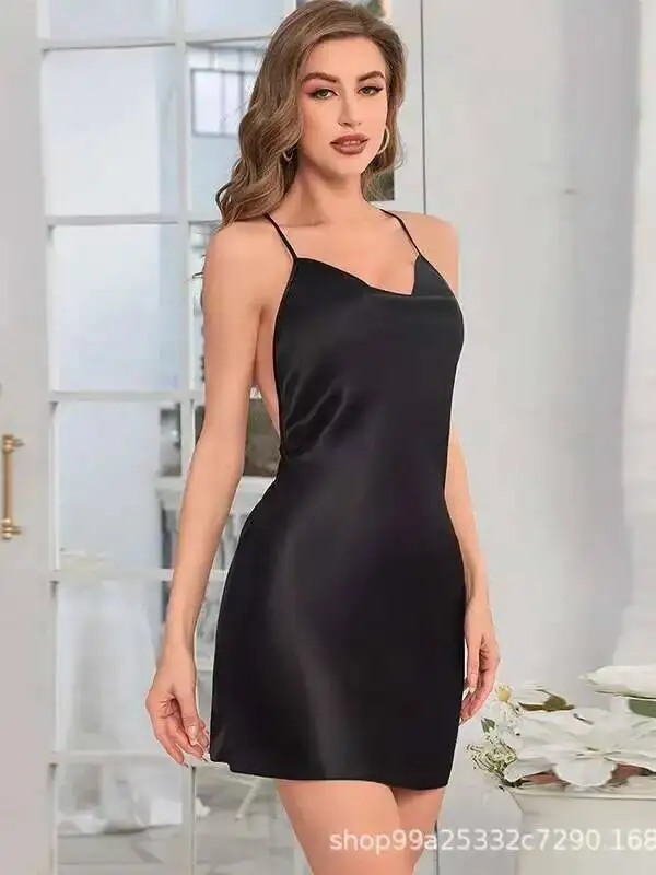 Sexy Weibliches Kleid Wickelbrust Rückenfrei Schmetterling Spitze Nachtkleid Seidensatin Damen Hosenträger Ärmelloses Kleid Schön FAHB
