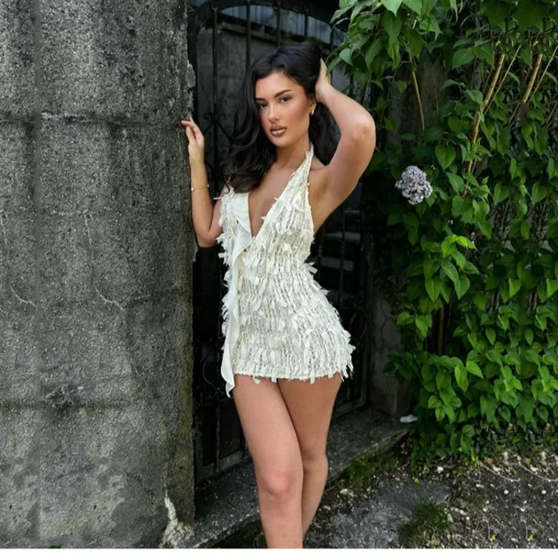 Sukienka damska 2025 Sexy Halter Tassel Biała Y2K Elegancka Prześwitująca Letnia Modna Bez Pleców Obcisła Elastyczna Midnight Bodycon Clubwear