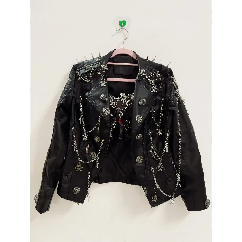 Punk Leather Jacket Hip Hop Leather Jacket Rock Jacket Heavy Industry Leather Rivet Chain Vintage Unisex