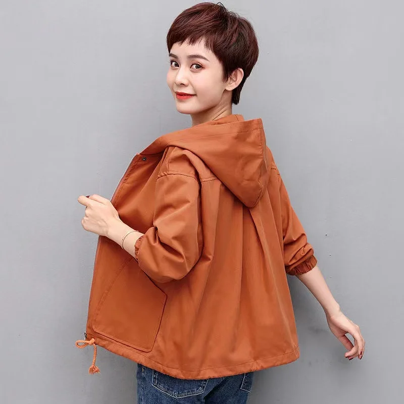 Spring Autumn Windbreaker Women Cotton Hooded Loose Drawstring Short Casual Jacket Base Coat 2024 New Female Outerwear Clothing