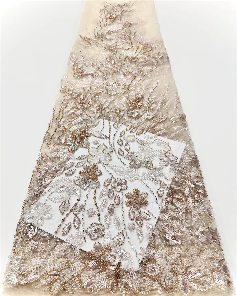 Afrikaanse kralen kant stof 2025, hoge kwaliteit Nigeriaanse pailletten kralen kant stof Franse veters stoffen voor feestjurk naaien