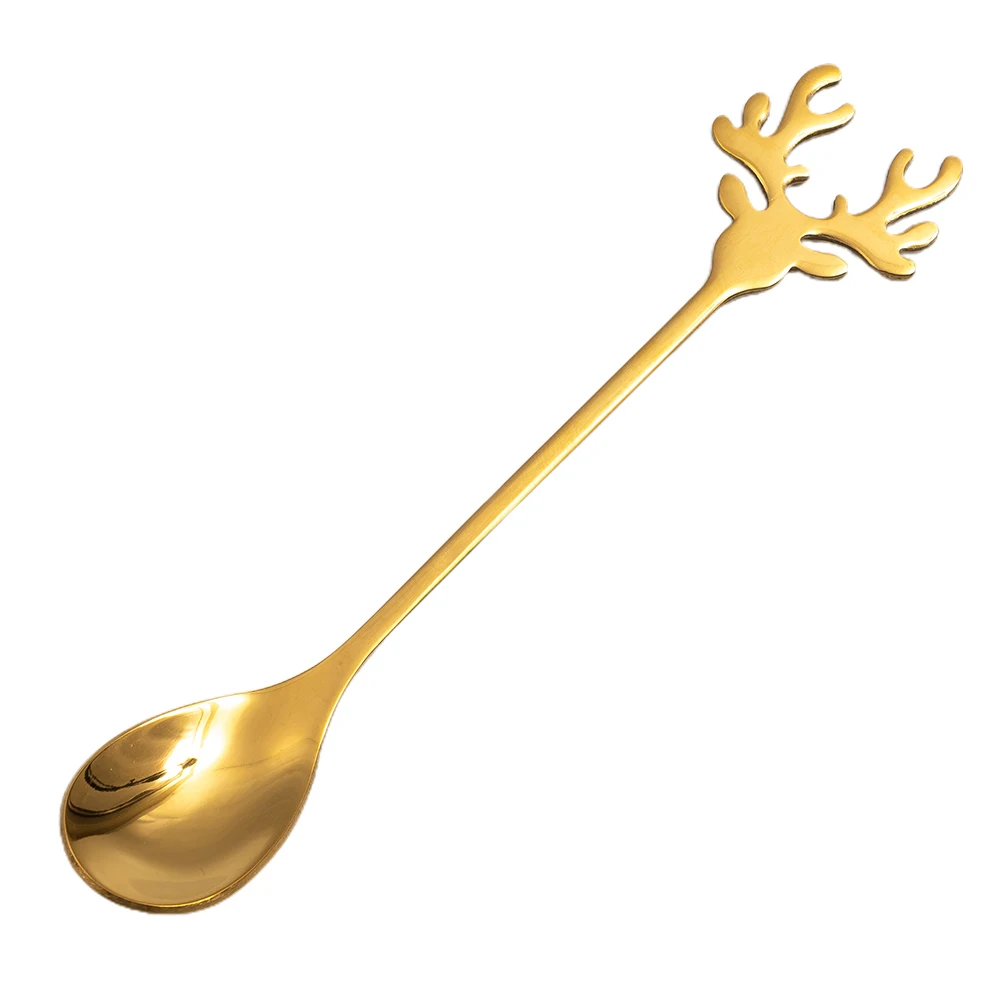 Sendok kopi Stainless Steel 14*2.4CM, sendok kopi kepala rusa, emas mawar, 1 buah sendok kopi kualitas tinggi