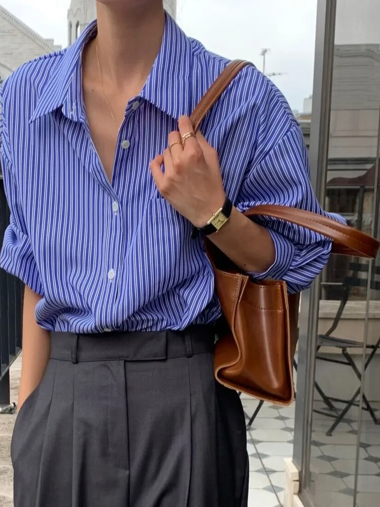 

Ele Loose Fit Blue Striped Long Sve irt Chic Retro Turn-down Collar Single Button Women's Premium Faion Top