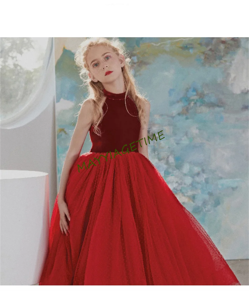 A-line Flower Girl Dress Red Kids Birthday Sleeveless Princess Ankle Length Tulle Backless Wedding Lace Simple Evening Dress