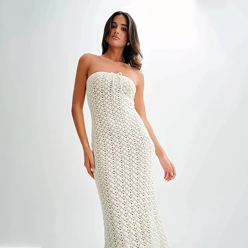 Vestido feminino de malha longa para praia, vestido tubo sem alças vazado, saída de biquíni, roupa de saída de verão