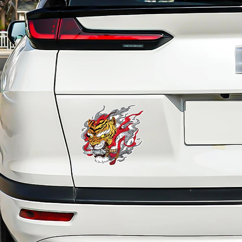 JDM Tiger Bite Knife Samurai Car Stickers Decor Window Body Rear Windshield Fuel Tank Cap Motorcycle Scooter Electric Car Decals