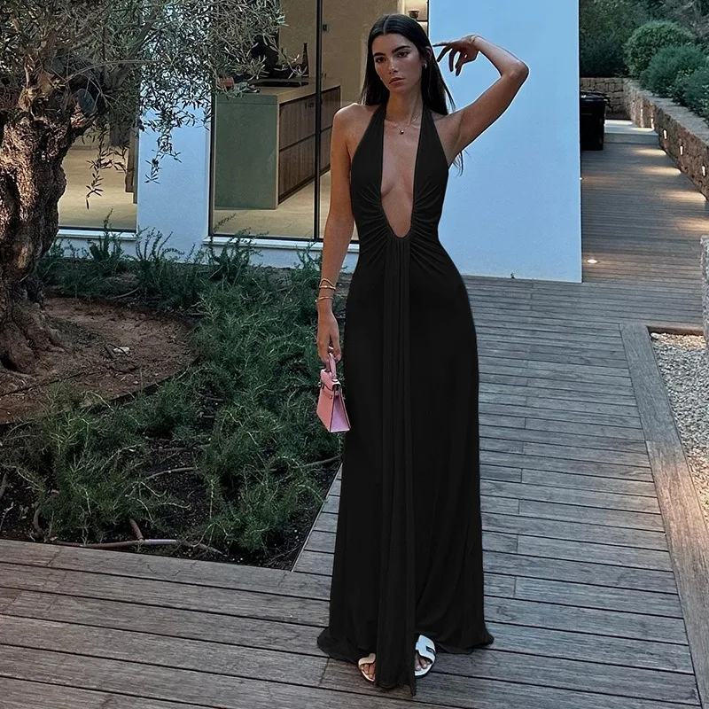 Women Summer Casual Long Dress Solid Color  Neck Sleeveless Dress Beach Holiday Backless Deep V-neck Hanging Neck Backless Slim