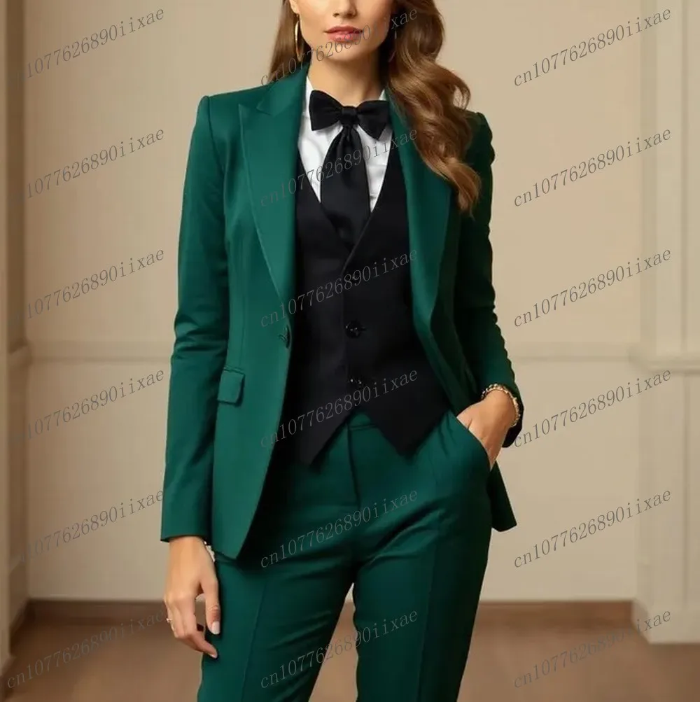 

New Green And Black Women Suits Lady Business Office Tuxedos Mother Wedding Party Formal Ladies 3 Piece Set Jacket Vest Pants