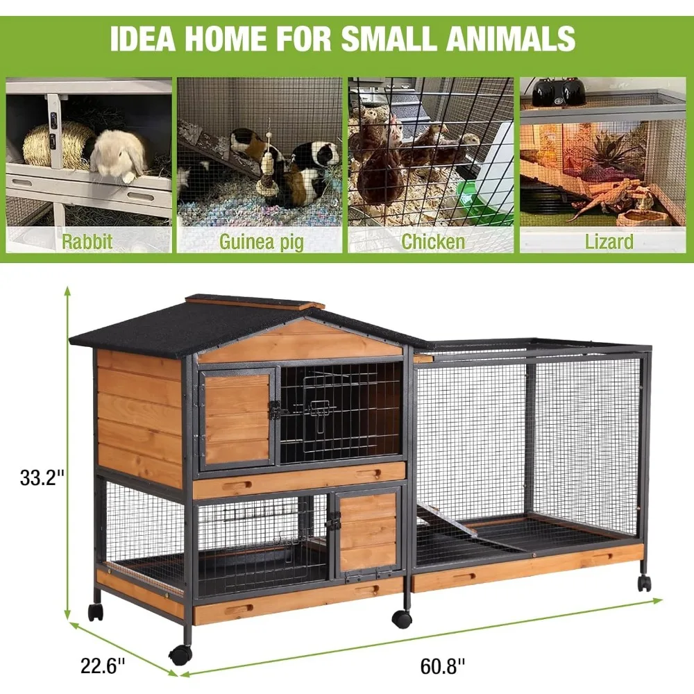 Rabbit Hutch Outdoor with Metal Surround Indoor Rabbit Cage with Wheels Bunny Cage Large Guinea Pig Cage for Small Animals