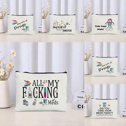 약을 가져 가라 재미있는 의학 가방 주최자 잡다한 보관 지퍼 캔버스 가방 재사용 가능한 사무실 연필 케이스 지갑 여행 메이크업 가방